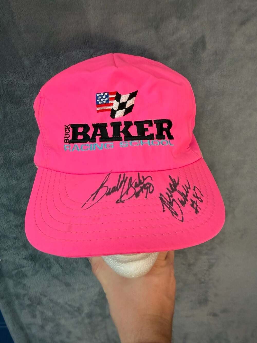 Vintage Eagle Ridge Buck Baker Racing School Pink Autographed Snapback Hat